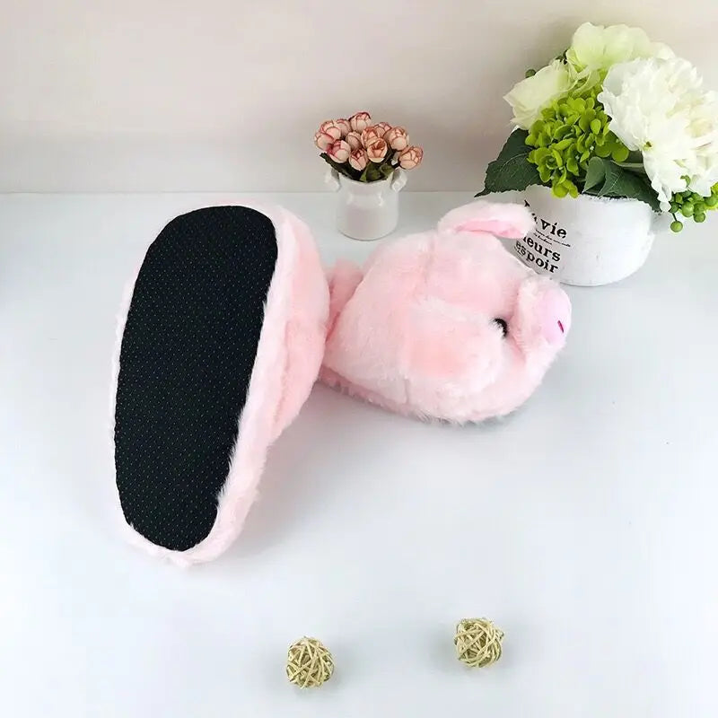 HKSNG Niedliche Cartoon-Hausschuhe für Damen, rosa Schweinchen, aus Fell, warmes Plüsch für den Winter, flache Hausschuhe für das Schlafzimmer