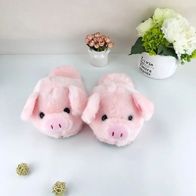 HKSNG Niedliche Cartoon-Hausschuhe für Damen, rosa Schweinchen, aus Fell, warmes Plüsch für den Winter, flache Hausschuhe für das Schlafzimmer