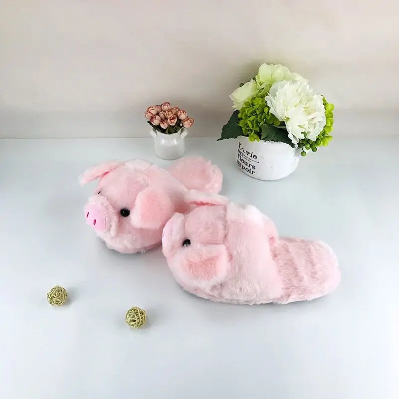 HKSNG Niedliche Cartoon-Hausschuhe für Damen, rosa Schweinchen, aus Fell, warmes Plüsch für den Winter, flache Hausschuhe für das Schlafzimmer