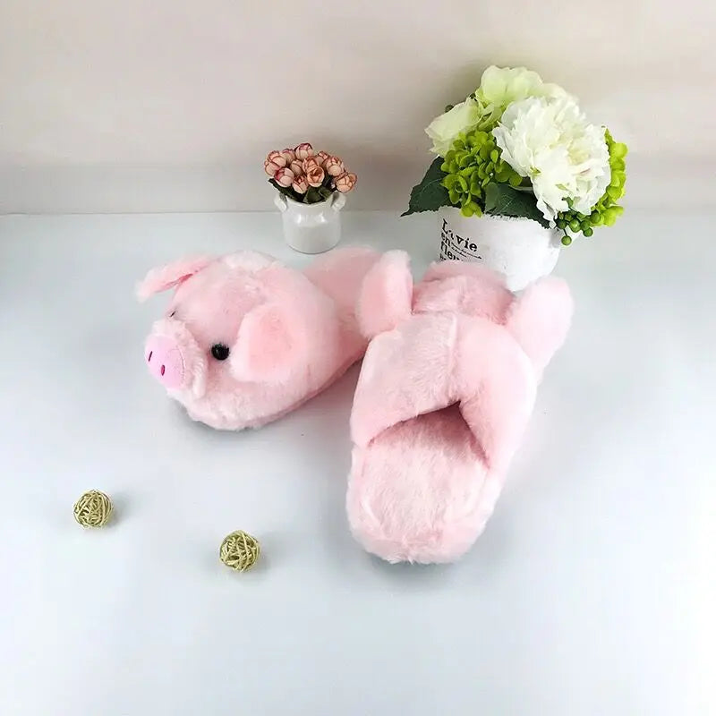 HKSNG Niedliche Cartoon-Hausschuhe für Damen, rosa Schweinchen, aus Fell, warmes Plüsch für den Winter, flache Hausschuhe für das Schlafzimmer