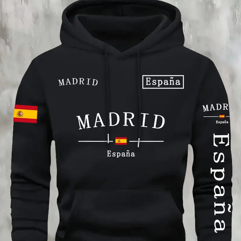 Spanische Flagge Madrid bedruckt Herbst- und Winterwarmer Baumwoll-Fleece-Übergrößen-Hoodie für Herren, Outdoor-Pendler-Herrenoberteil mit hoher Elastizität