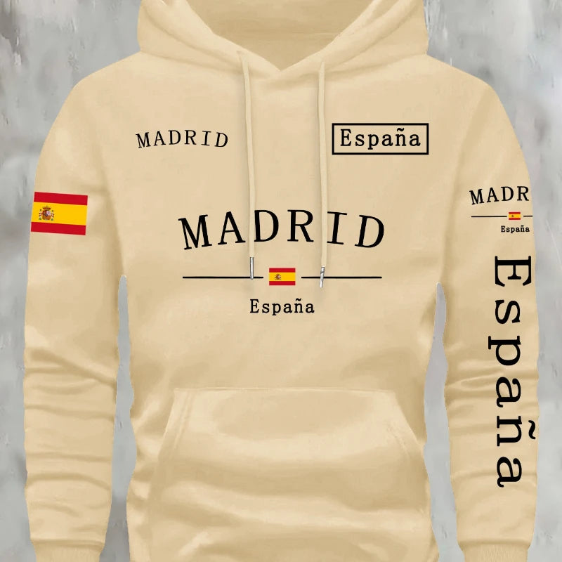 Spanische Flagge Madrid bedruckt Herbst- und Winterwarmer Baumwoll-Fleece-Übergrößen-Hoodie für Herren, Outdoor-Pendler-Herrenoberteil mit hoher Elastizität