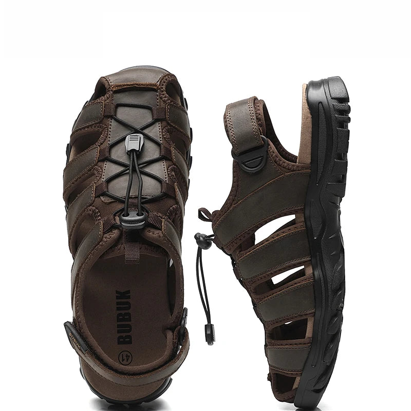 Erste-Schicht-Rindsleder Herren neue modische offene Zehen Freizeit-Sommersandalen für Herren, verstellbar, rutschfest, bequeme weiche Sohle für den Strand