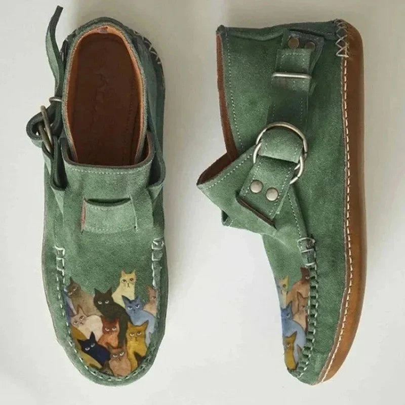 Winter Damen Schuhe Bequeme Leder Stiefeletten mit Cartoon-Katzen-Print, Flach, mit Knopf, Lässig, Botas De Mujer, Stiefel für Frauen