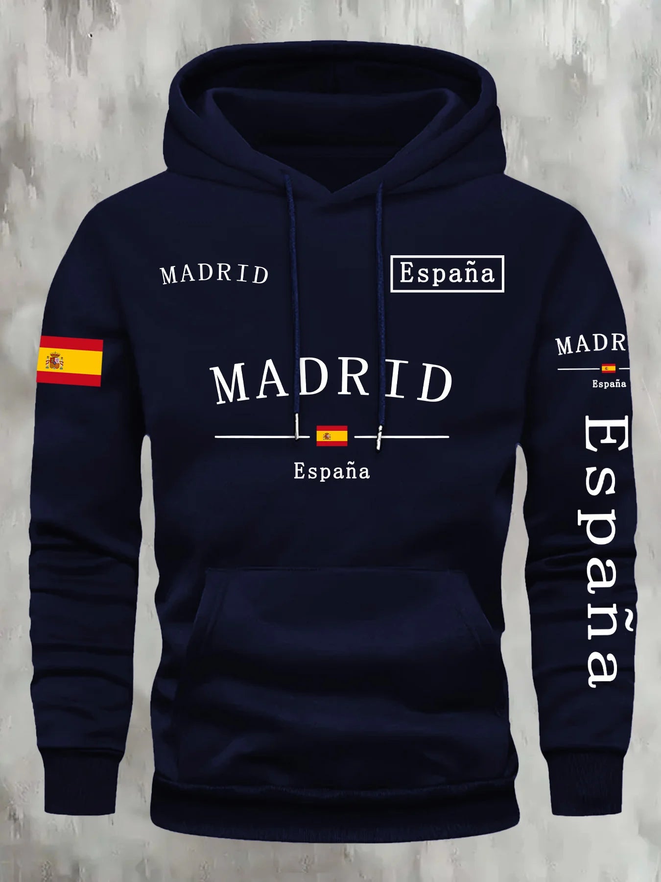 Spanische Flagge Madrid bedruckt Herbst- und Winterwarmer Baumwoll-Fleece-Übergrößen-Hoodie für Herren, Outdoor-Pendler-Herrenoberteil mit hoher Elastizität