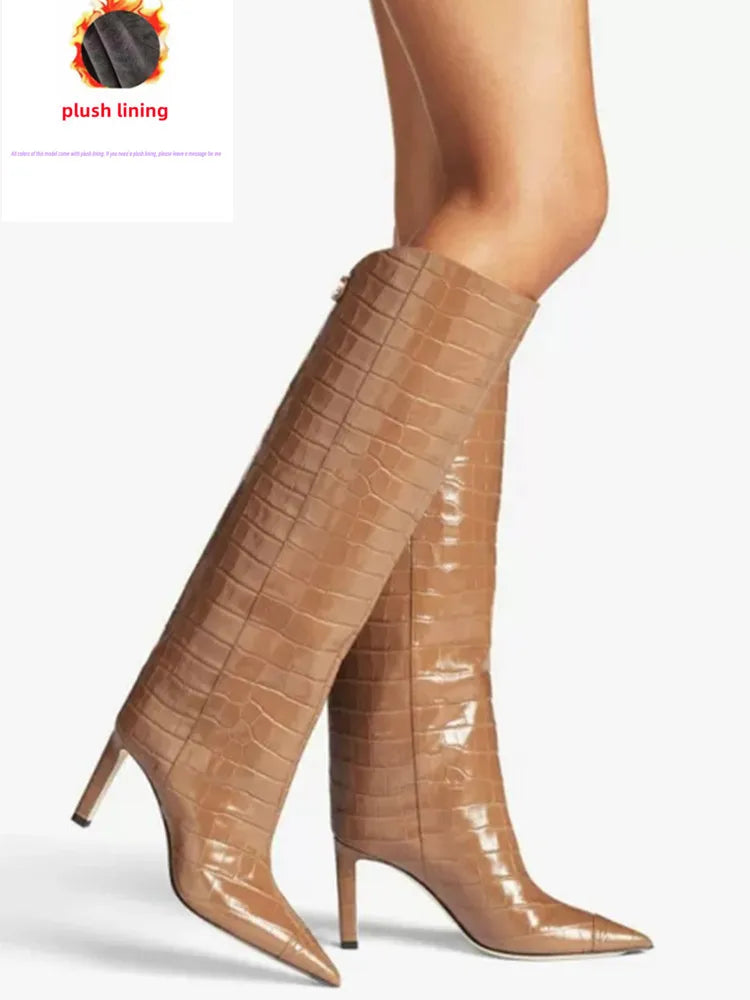 Damen-Stiefel mit schlanker Passform und hohen Absätzen, spitze High-Top-Stiefel, modische Herbst- und Winterstiefel für Damen in großen Größen