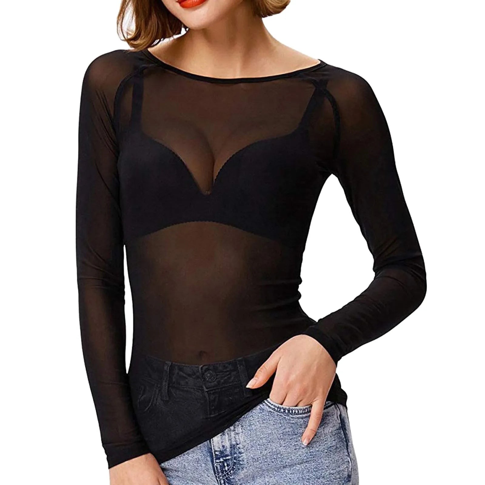 Damen Mesh Longsleeve – Figurbetontes transparentes Oberteil mit elegantem Design