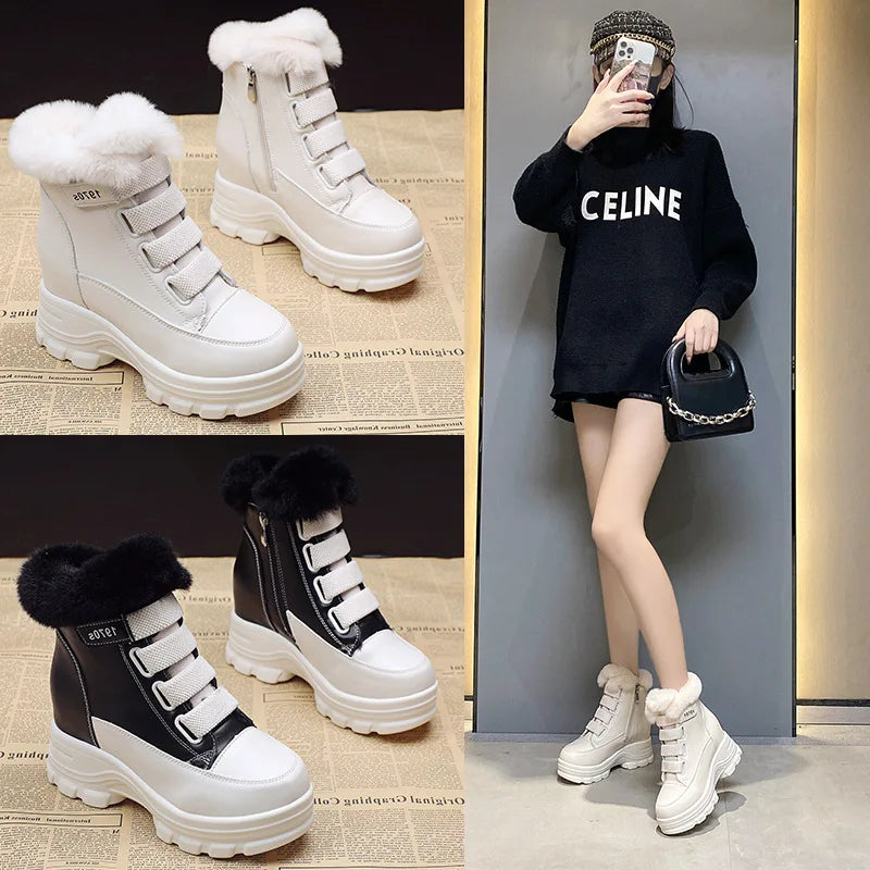 Damen-Fell-Schneestiefel Winter Dicke Sohle Kurze Stiefel 7cm Absatz Rundspitz Warm Plüsch Plateau Stiefel Modisch Casual Knöchelstiefel