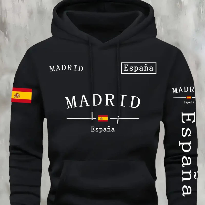 Spanische Flagge Madrid bedruckt Herbst- und Winterwarmer Baumwoll-Fleece-Übergrößen-Hoodie für Herren, Outdoor-Pendler-Herrenoberteil mit hoher Elastizität
