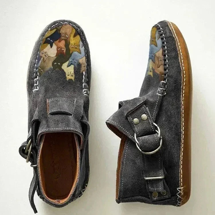 Winter Damen Schuhe Bequeme Leder Stiefeletten mit Cartoon-Katzen-Print, Flach, mit Knopf, Lässig, Botas De Mujer, Stiefel für Frauen