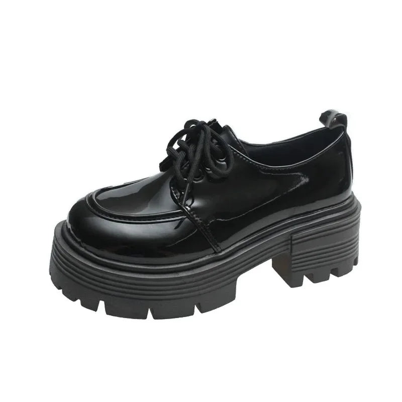 Retro-Britischer Stil Damen Mini-Lederschuhe Frühling Herbst mit dicker Sohle, Plateausohle, Slip-On-Pumps, einfarbig, runde Zehenpartie, Loafer