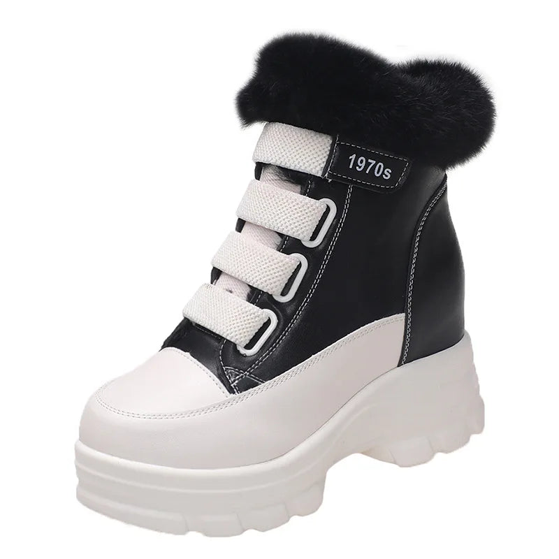 Damen-Fell-Schneestiefel Winter Dicke Sohle Kurze Stiefel 7cm Absatz Rundspitz Warm Plüsch Plateau Stiefel Modisch Casual Knöchelstiefel