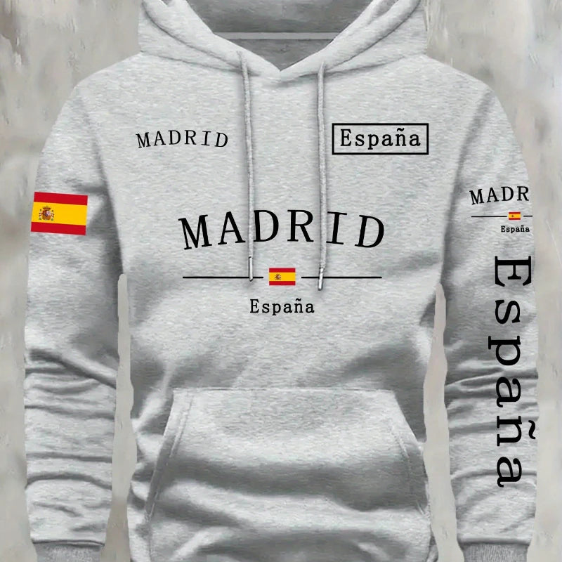 Spanische Flagge Madrid bedruckt Herbst- und Winterwarmer Baumwoll-Fleece-Übergrößen-Hoodie für Herren, Outdoor-Pendler-Herrenoberteil mit hoher Elastizität