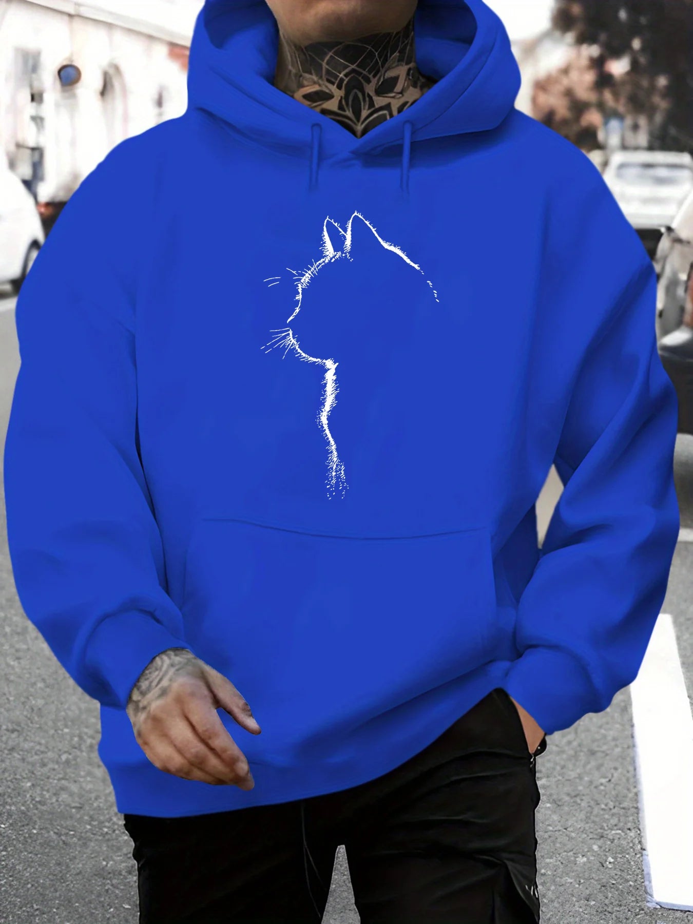 Herren Herbst- und Winter-Freizeitmode: Locker sitzendes Kapuzen-Sweatshirt mit Katzenmuster, langärmelig und warmer Pullover.