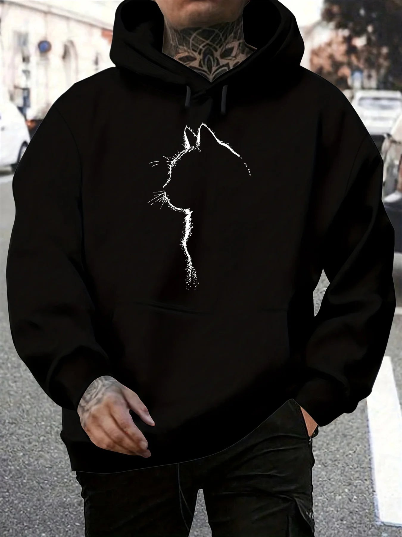 Herren Herbst- und Winter-Freizeitmode: Locker sitzendes Kapuzen-Sweatshirt mit Katzenmuster, langärmelig und warmer Pullover.