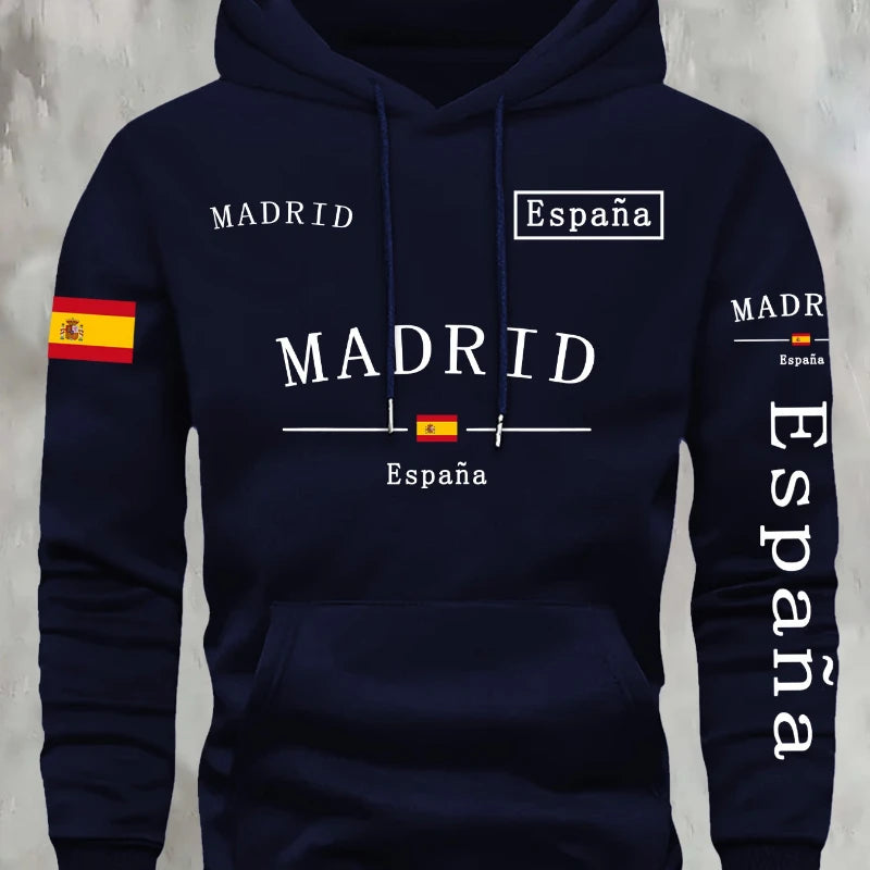 Spanische Flagge Madrid bedruckt Herbst- und Winterwarmer Baumwoll-Fleece-Übergrößen-Hoodie für Herren, Outdoor-Pendler-Herrenoberteil mit hoher Elastizität