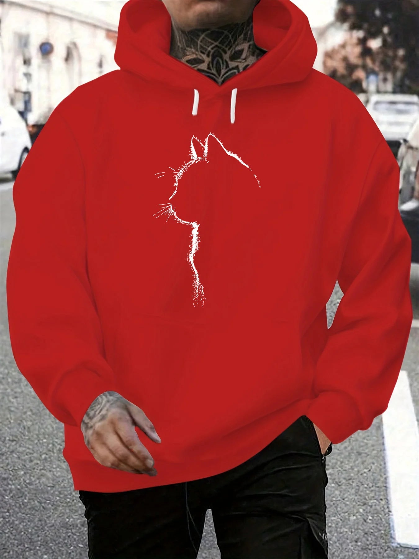 Herren Herbst- und Winter-Freizeitmode: Locker sitzendes Kapuzen-Sweatshirt mit Katzenmuster, langärmelig und warmer Pullover.