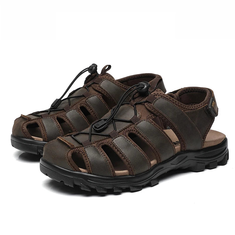 Erste-Schicht-Rindsleder Herren neue modische offene Zehen Freizeit-Sommersandalen für Herren, verstellbar, rutschfest, bequeme weiche Sohle für den Strand