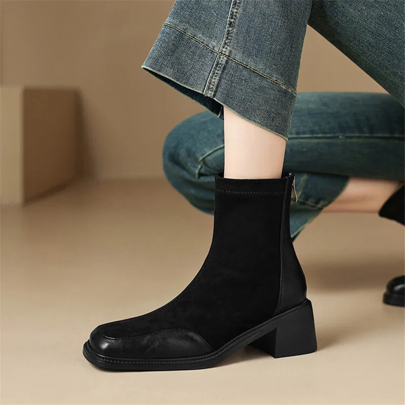 Neue Herbst-Winter Damenstiefel – Modische Chelsea-Stiefeletten mit eckiger Spitze für Damen, kurze Stiefel mit Blockabsatz, Botines Mujer in den Größen 34–43.