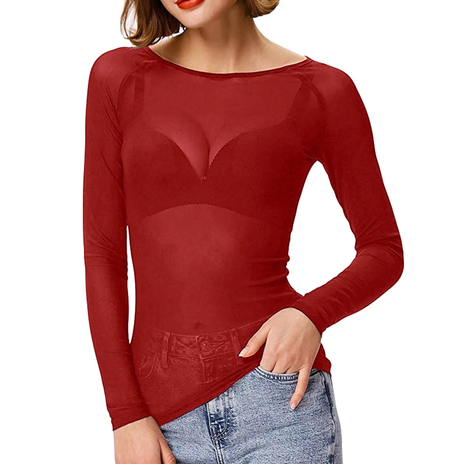 Damen Mesh Longsleeve – Figurbetontes transparentes Oberteil mit elegantem Design