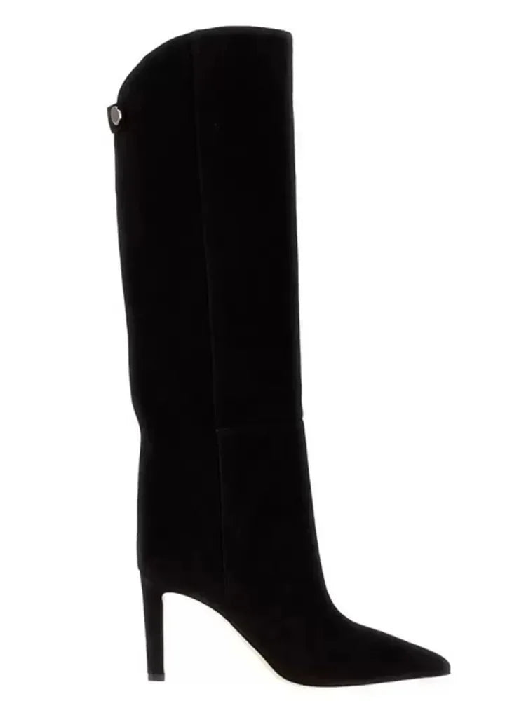 Damen-Stiefel mit schlanker Passform und hohen Absätzen, spitze High-Top-Stiefel, modische Herbst- und Winterstiefel für Damen in großen Größen