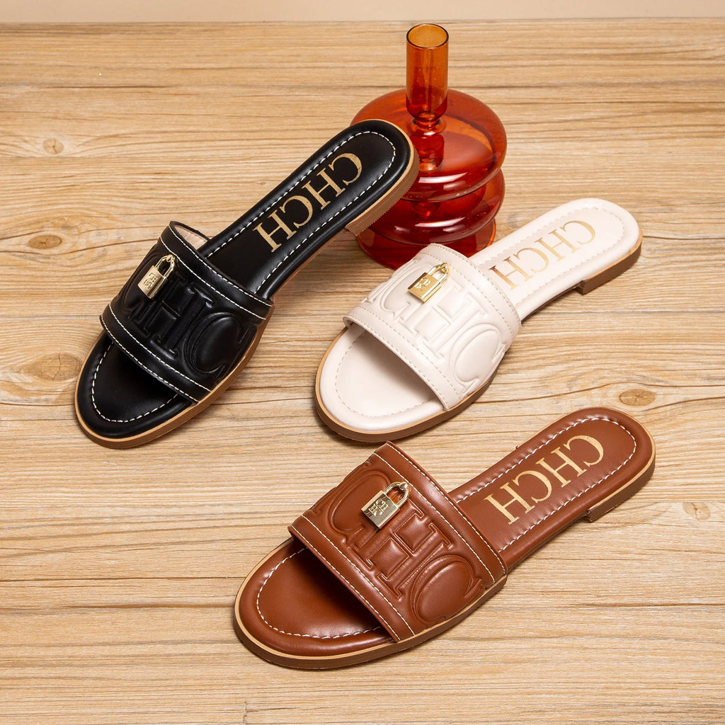 C-H Damen Ballerinas Sommer Neu Einfarbige Geprägte Sandalen Schlichte Modische Pantoffeln Für Schülerinnen Schuhe