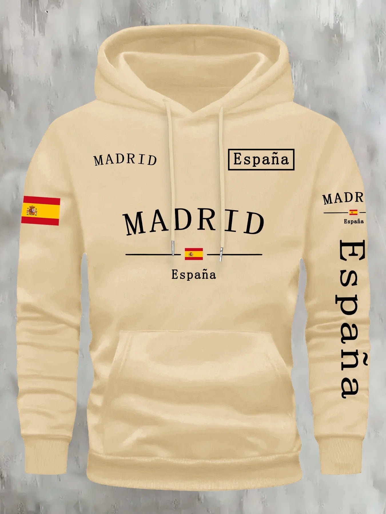 Spanische Flagge Madrid bedruckt Herbst- und Winterwarmer Baumwoll-Fleece-Übergrößen-Hoodie für Herren, Outdoor-Pendler-Herrenoberteil mit hoher Elastizität