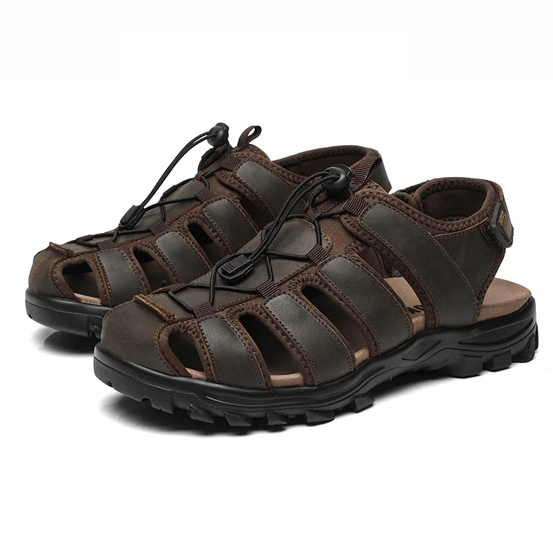 Erste-Schicht-Rindsleder Herren neue modische offene Zehen Freizeit-Sommersandalen für Herren, verstellbar, rutschfest, bequeme weiche Sohle für den Strand