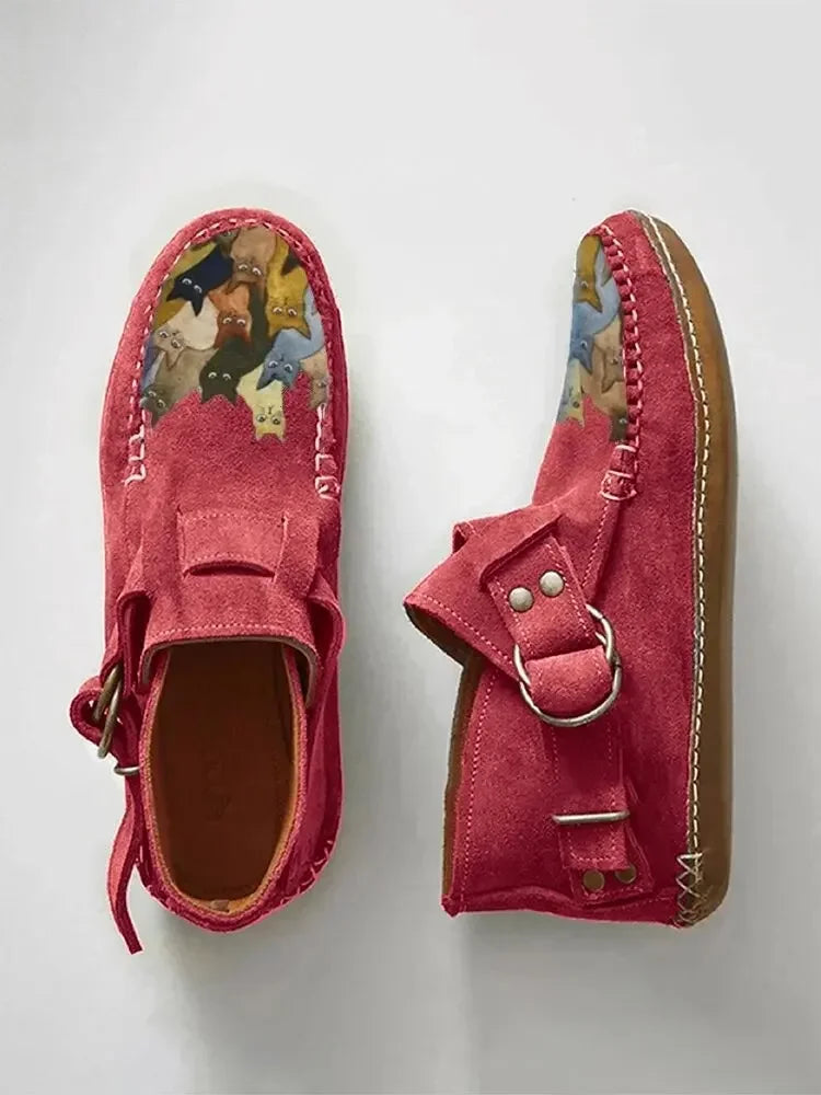Winter Damen Schuhe Bequeme Leder Stiefeletten mit Cartoon-Katzen-Print, Flach, mit Knopf, Lässig, Botas De Mujer, Stiefel für Frauen