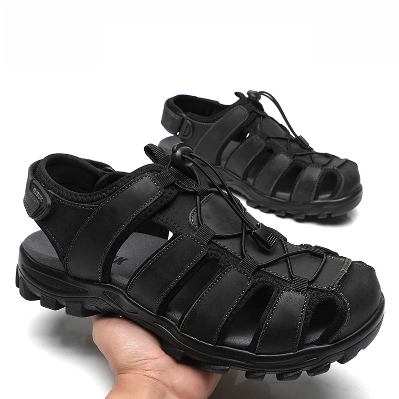 Erste-Schicht-Rindsleder Herren neue modische offene Zehen Freizeit-Sommersandalen für Herren, verstellbar, rutschfest, bequeme weiche Sohle für den Strand