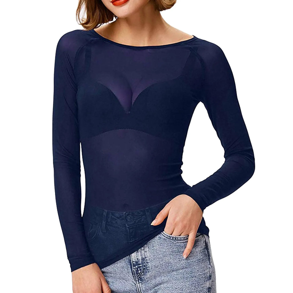 Damen Mesh Longsleeve – Figurbetontes transparentes Oberteil mit elegantem Design