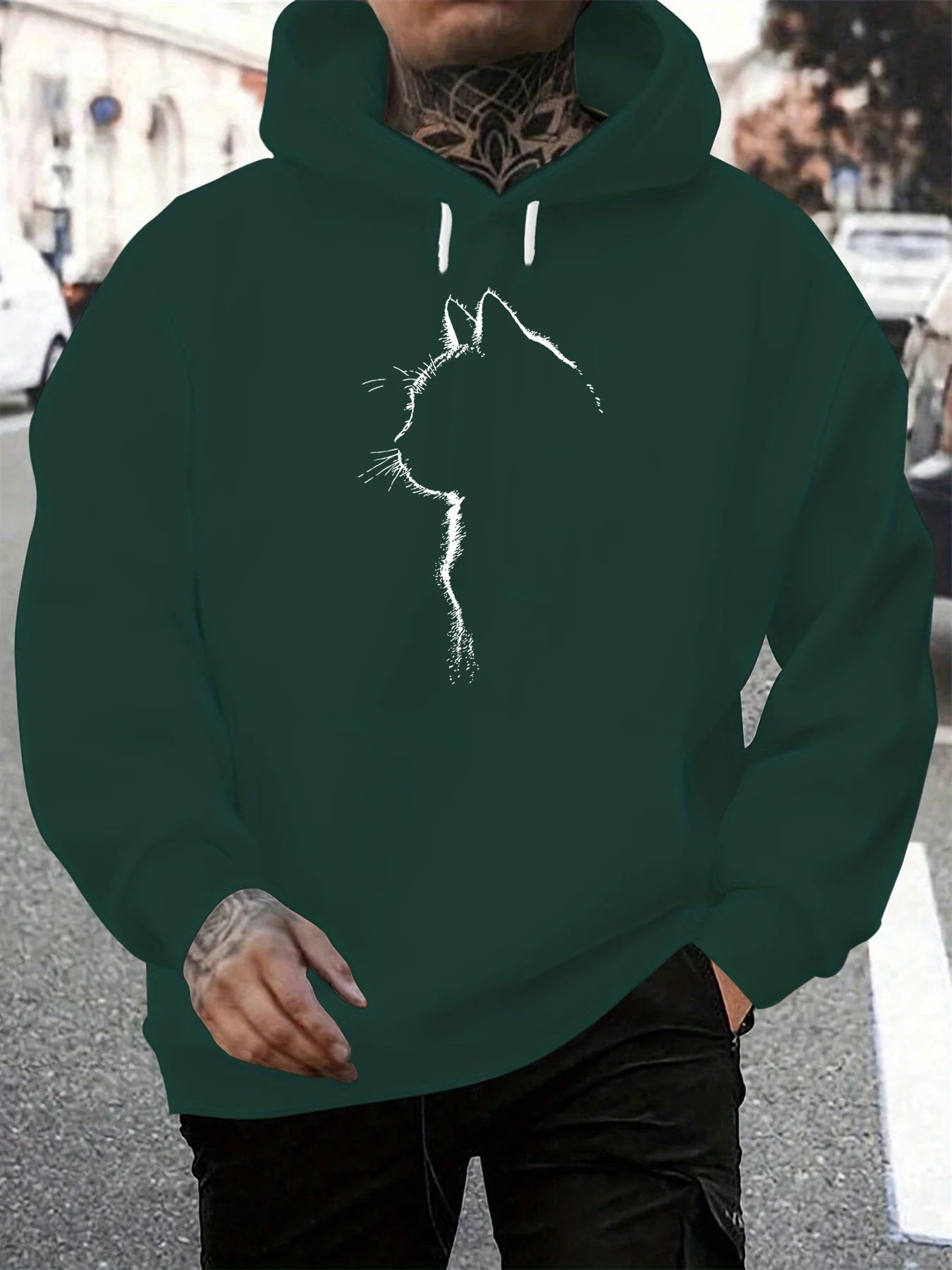 Herren Herbst- und Winter-Freizeitmode: Locker sitzendes Kapuzen-Sweatshirt mit Katzenmuster, langärmelig und warmer Pullover.