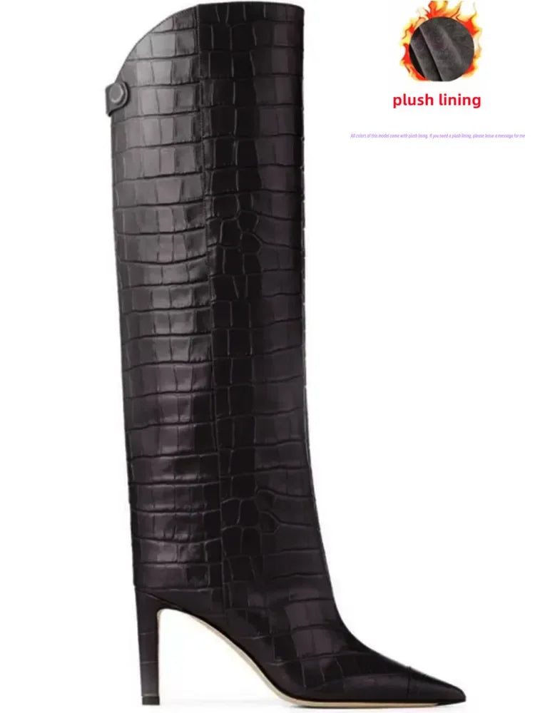 Damen-Stiefel mit schlanker Passform und hohen Absätzen, spitze High-Top-Stiefel, modische Herbst- und Winterstiefel für Damen in großen Größen