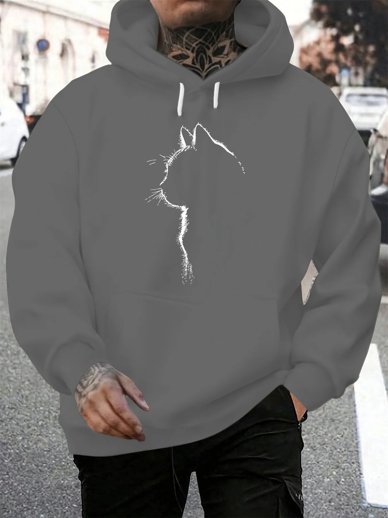 Herren Herbst- und Winter-Freizeitmode: Locker sitzendes Kapuzen-Sweatshirt mit Katzenmuster, langärmelig und warmer Pullover.