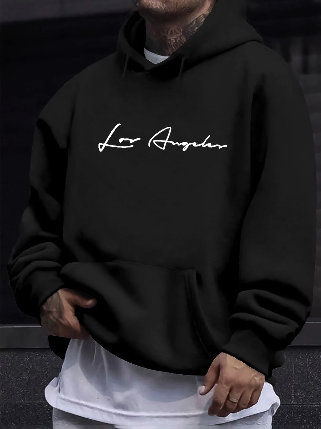 Lässiges Herren-Sweatshirt für Herbst und Winter, locker geschnitten mit Kapuze, Los Angeles-Schriftzug, langärmelig und warm als Pullover