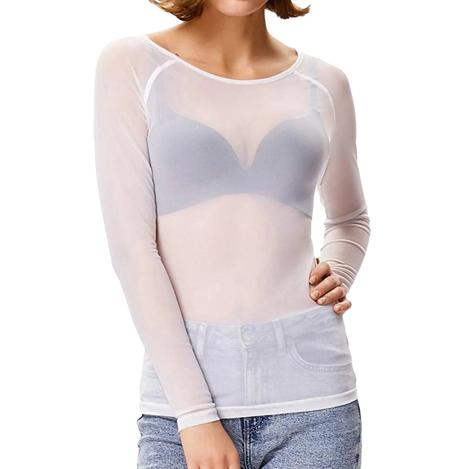 Damen Mesh Longsleeve – Figurbetontes transparentes Oberteil mit elegantem Design
