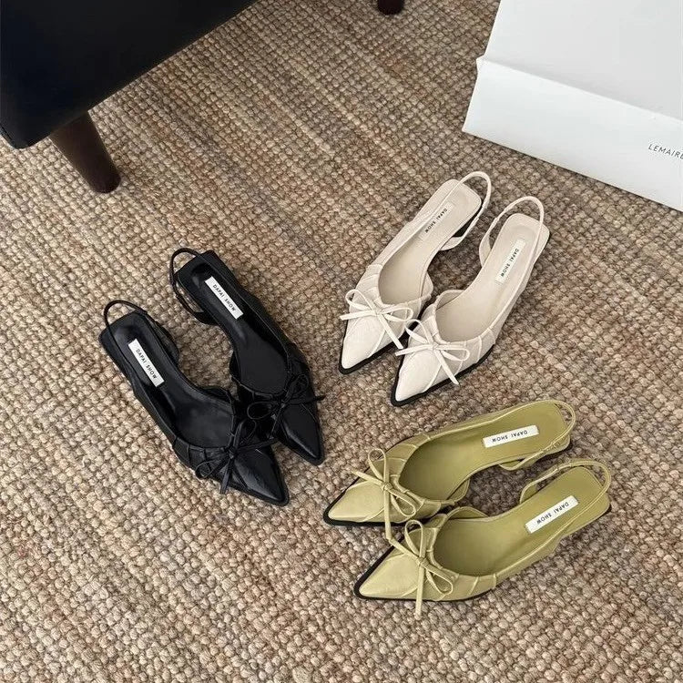 2025 Neue Sommer-Damenschuhe Modische Damen-Pumps mit spitzer Kappe Slingback mit niedrigen Absätzen Damensandalen Modischer Schleifen-Damenschuh