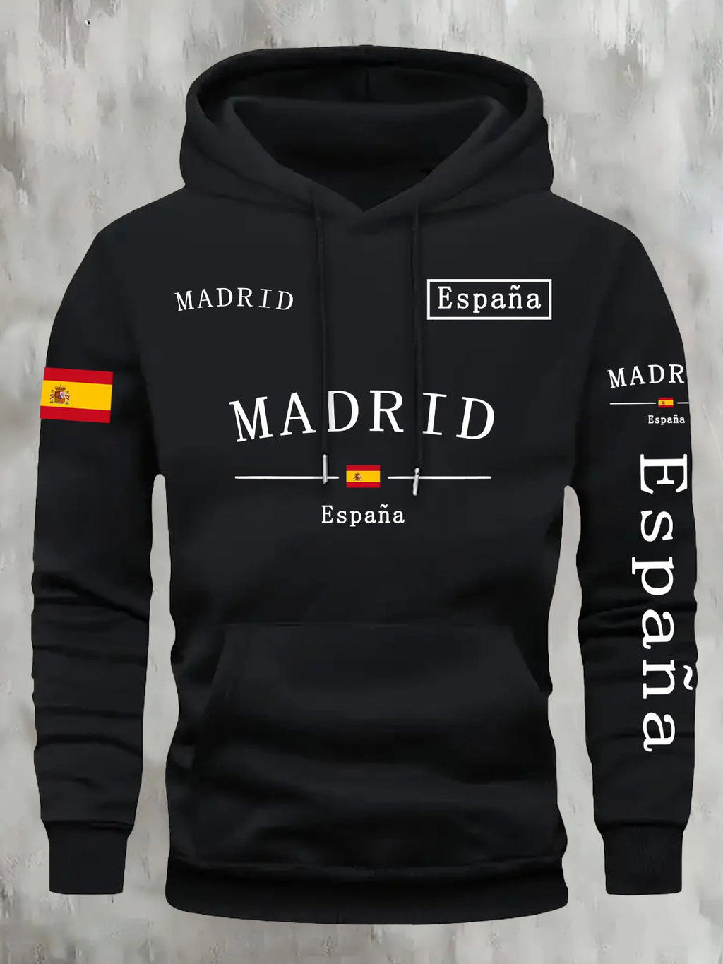 Spanische Flagge Madrid bedruckt Herbst- und Winterwarmer Baumwoll-Fleece-Übergrößen-Hoodie für Herren, Outdoor-Pendler-Herrenoberteil mit hoher Elastizität
