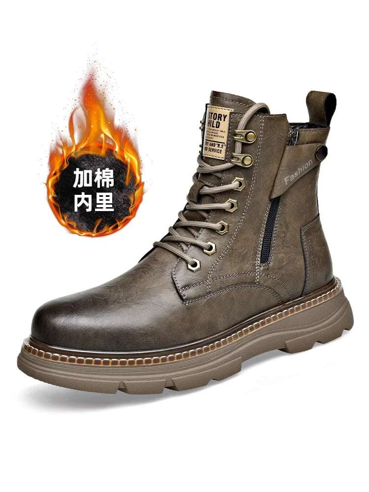 Herbst/Winter Neue Designer-Stiefel aus Rindsleder für Herren, modische, lässige Fleece-Overalls, hohe, warme Herren-Plateauschuhe