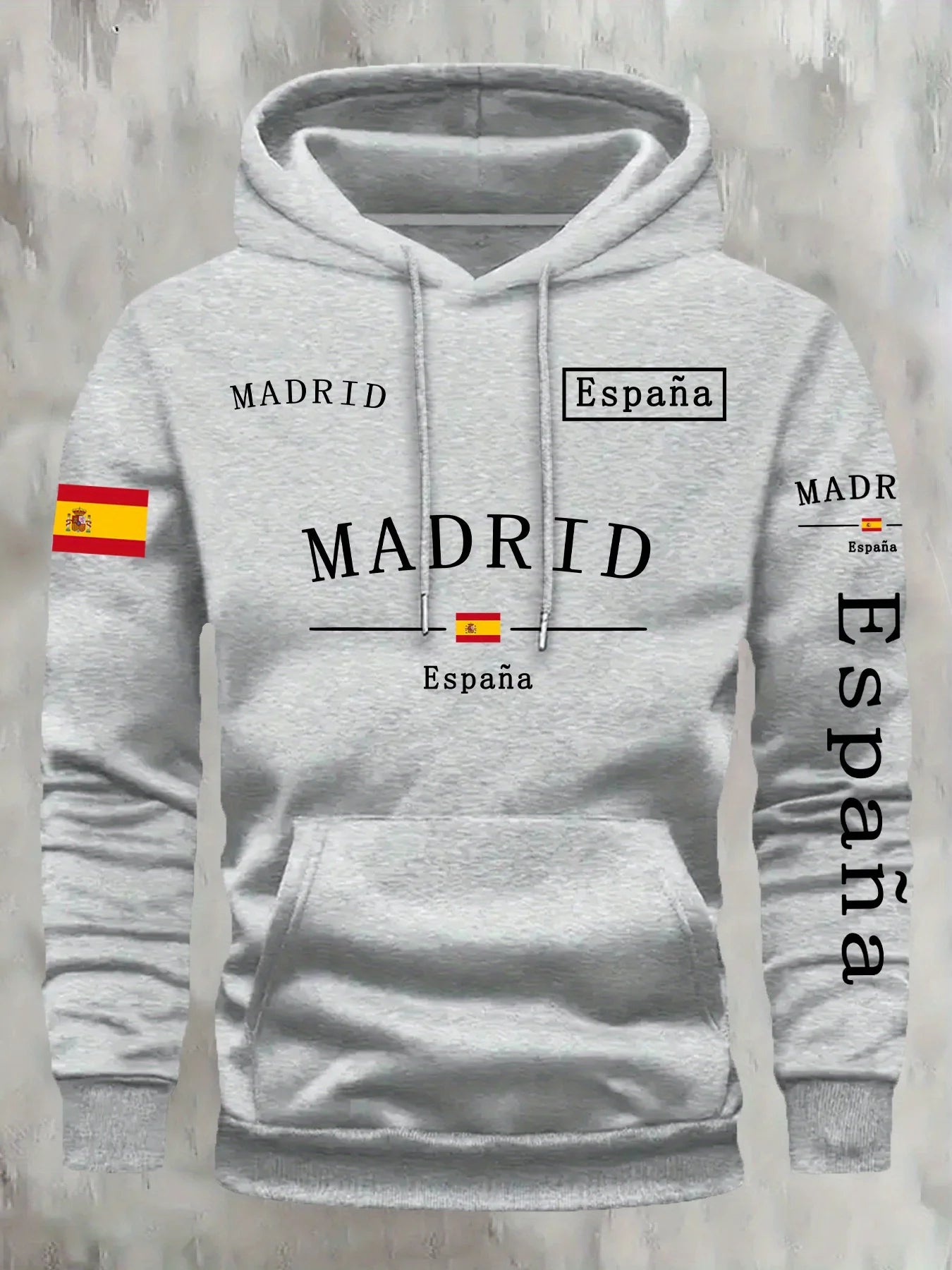 Spanische Flagge Madrid bedruckt Herbst- und Winterwarmer Baumwoll-Fleece-Übergrößen-Hoodie für Herren, Outdoor-Pendler-Herrenoberteil mit hoher Elastizität