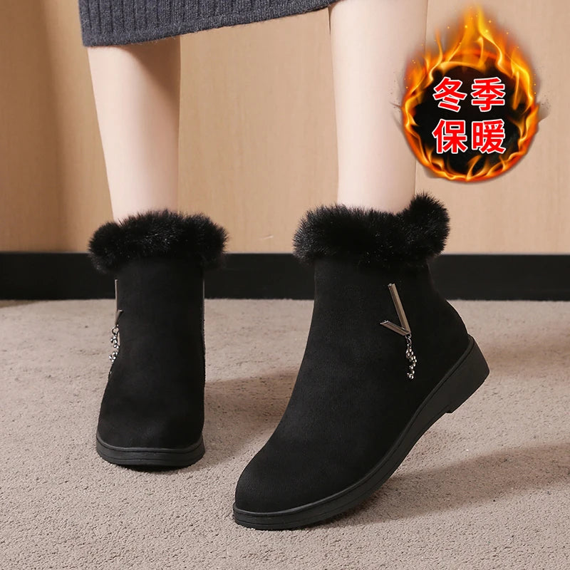 Wintermode Damen Keilabsatz-Stiefeletten, höhenverstellende Schuhe, High Heels Stiefeletten mit Metall-Rhinestone, Botas Mujer 2024