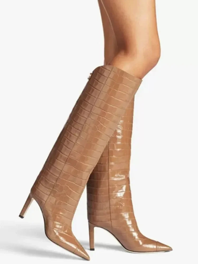 Damen-Stiefel mit schlanker Passform und hohen Absätzen, spitze High-Top-Stiefel, modische Herbst- und Winterstiefel für Damen in großen Größen