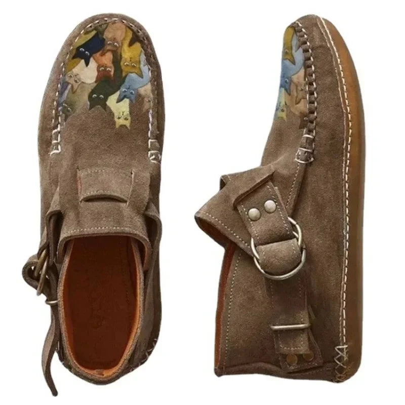 Winter Damen Schuhe Bequeme Leder Stiefeletten mit Cartoon-Katzen-Print, Flach, mit Knopf, Lässig, Botas De Mujer, Stiefel für Frauen
