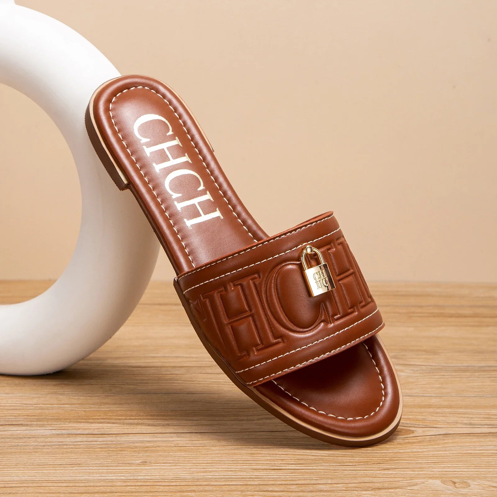 C-H Damen Ballerinas Sommer Neu Einfarbige Geprägte Sandalen Schlichte Modische Pantoffeln Für Schülerinnen Schuhe