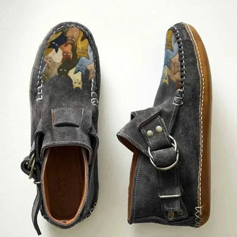 Winter Damen Schuhe Bequeme Leder Stiefeletten mit Cartoon-Katzen-Print, Flach, mit Knopf, Lässig, Botas De Mujer, Stiefel für Frauen