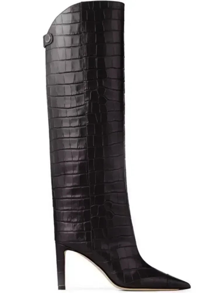 Damen-Stiefel mit schlanker Passform und hohen Absätzen, spitze High-Top-Stiefel, modische Herbst- und Winterstiefel für Damen in großen Größen