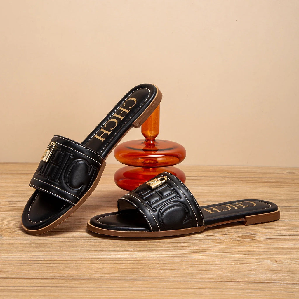 C-H Damen Ballerinas Sommer Neu Einfarbige Geprägte Sandalen Schlichte Modische Pantoffeln Für Schülerinnen Schuhe