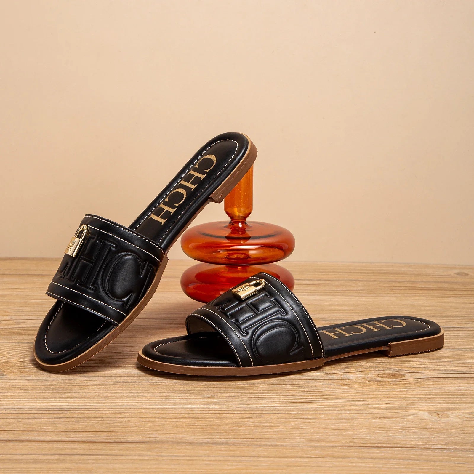 C-H Damen Ballerinas Sommer Neu Einfarbige Geprägte Sandalen Schlichte Modische Pantoffeln Für Schülerinnen Schuhe