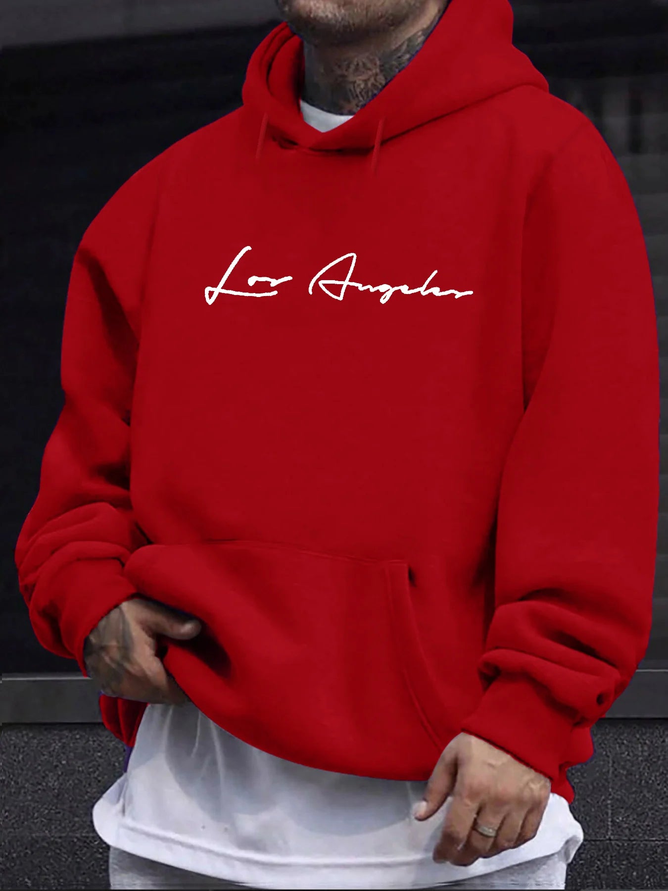 Lässiges Herren-Sweatshirt für Herbst und Winter, locker geschnitten mit Kapuze, Los Angeles-Schriftzug, langärmelig und warm als Pullover